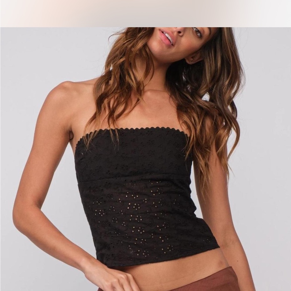Black Strapless Eyelet Top
